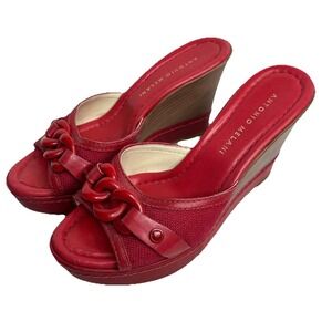 ANTONIO MELANI Red Wedge Slip On Platform Peep Toe Sandal 6.5 Y2K Retro Boho